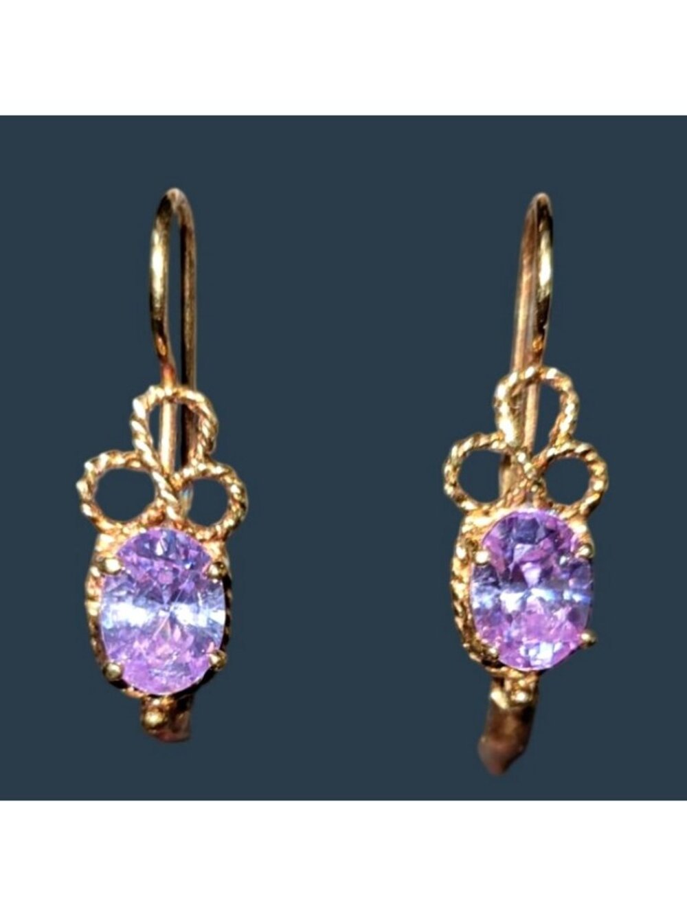 Vintage Yellow Gold Dangle Earrings Oval Lilac Amethyst Stone Filigree Design - Picture 2 of 8